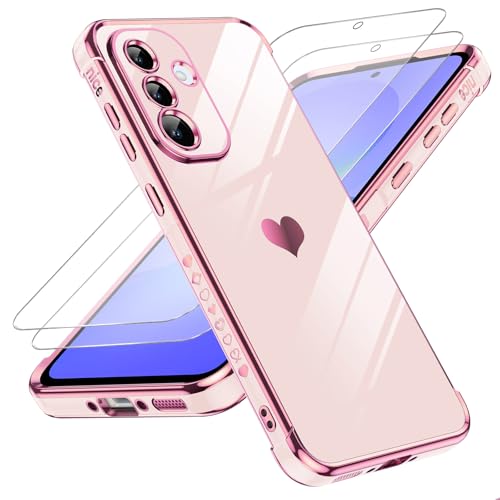 LeYi for Samsung Galaxy A37 4G/5G Phone Case with 2 Tempered Glass Screen Protector Scratch Resistant Silicone Cover Slim Soft TPU Shockproof Protective Mobile Case for A 37 - Pink