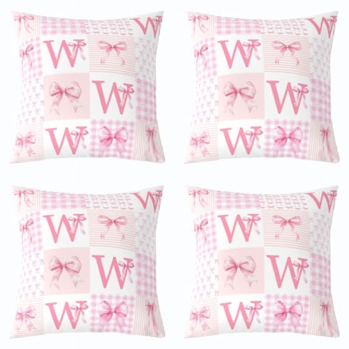 Loussiesd Juego de 4 fundas de almohada decorativas con lazo rosa con letra W, fundas de cojín con alfabeto rosa para sofá, cama, funda de cojín con lazo a cuadros, decoración del hogar, 50 x 50 cm