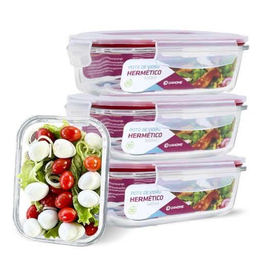 Conjunto 4 Potes Vidro Hermético Marmita Mantimentos 640ml (Verme...