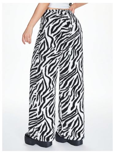 SHENHE Women's Zebra Print Fuzzy Bow Front Palazzo Pants Baggy Loungewear Comfy Trousers2