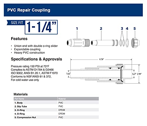 Image of Midline Valve 567SD114 Heavy Duty PVC Repair Coupling; Expandable Pipe Fitting; 1-1 /4 in.; White Plastic