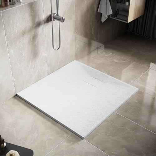 SIRHONA Receveur de Douche, 90 x 90 cm Bac à Douche Antidérapant, Carré Blanc, Matériau en Résine SMC, avec siphon