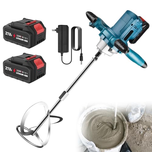 Malaxeur Mortier Colle avec 2 Batteries 1500mah,Mélangeur à Béton 6 Vitesses,900rpm,Tige Spirale M14,Betonniere Électrique Pour Mélanger Aliments,Plâtre,Peinture,Ciment,Mortier (Bleu)