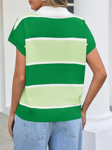 Image of Saodimallsu Women's V Neck Button Down Striped Short Sleeve Knit Sweater