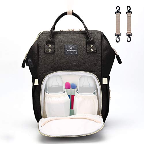 ComfyDegree Diaper Bag Backpack, Waterproof Multi-Function Large Capacity Nappy Baby Travel Rucksack w/USB Port, Stroller Straps & 2X Insulated Bottle Warmer, Spoon Fork Holder Pocket - Black