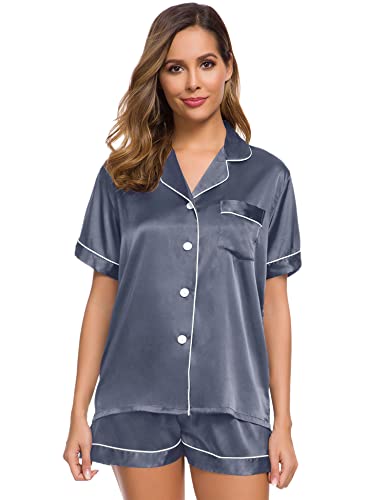 Image of SWOMOG Womens Silk Satin Pajamas Short Sleeve Sleepwear Button Down Loungewear Two-Piece Pj Set Deep Gray