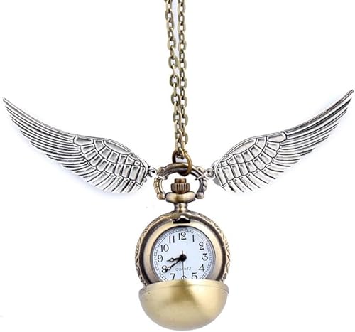 HS86 Collier Unisex Adultes Montre Dorée avec Sphère Dorée et Ailes en Bronze et Chaîne de 80 cm