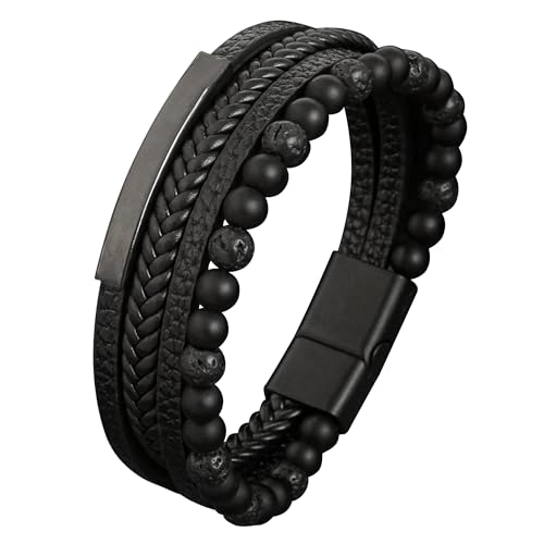 Mochity Pulsera Cuero Hombre Negro Marrón Azul, 21cm Pulseras Hombre Cuero Con Cierre Magnética, Pulsera Trenzada con Piedras Naturales Cuentas,Brazalete Hombre con Caja de Regalo (Negro)