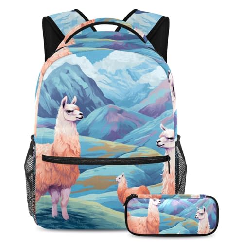 Alpaga à fourrure sur la montagne sac école avec trousse fournitures scolaires Large