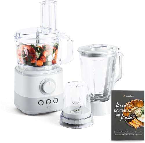 SPRINGLANE Food Processor 1000 W, 1,5 L Glasbehälter, inkl. 4 Schneidescheiben, Messereinsatz, Knethaken, 150 ml Mini-Zerkleinerer, Rezeptheft - Weiß