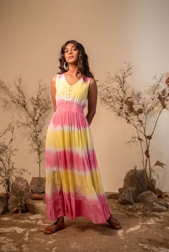 Image of LABEL REYYA Women's Rayon Staple Bohemian Printed One Piece Maxi Dress V-Neck Floral Relaxed Fit Casual Party Dress for Girls