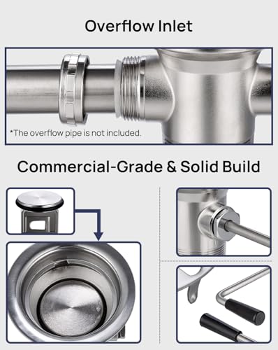 Image of 3-1 /2 inch Commercial Sink Drain with Overflow, Twist Handle Waste Drain Valve | Zn-alloy & Stainless Structure Chrome Finish for Restaurant Industrial Deep 3 Compartment Sink, 2 inch NPT Outlet Double-Thread