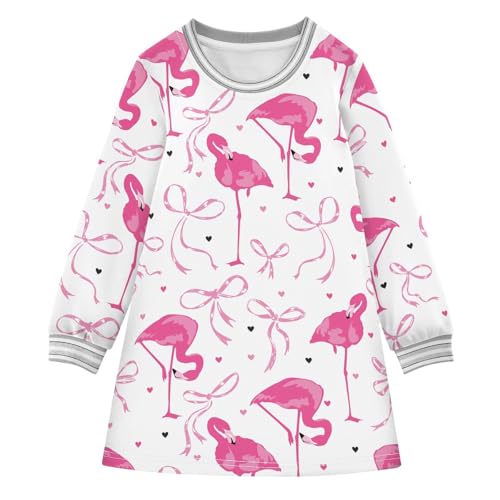 Flamingo Bow Girls Dresses Long Sleeve Sweatshirt Dress for Girls Winter Toddler Casual A Line Dresses Size 2-8T