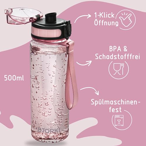 BJORKI® Trinkflasche Kinder auslaufsicher 500ml inkl. BONUS Namenssticker - Ideal für Schule, Kindergarten & Sport - Kohlensäure geeignet - Robuste Wasserflasche für aktive Kids (Pastell Rosa)