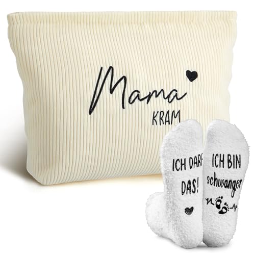 Jadive 2 Stück Geschenkset für Werdende Mütter Mama Kram Kosmetiktasche aus Cord mit Reißverschluss Schwangerschaft Rutschfeste Socken für Neue Mama Frauen Babyparty Verkünden (Cremeweißer Cord, weiß)
