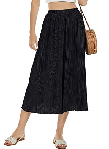 Ranphee Black Summer Midi Skirts For Women 2023 Dressy Casual Trendy Ladies Elastic Waist Maternity Below Knee Mid Calf Tea Length Church Skirt With Pockets S #TOP3