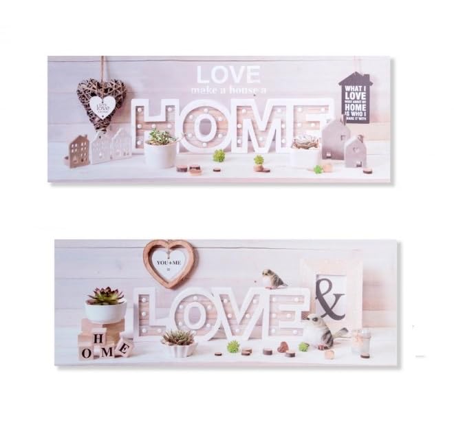 Set de 2 Cuadros con Luces led Decorado con la Palabra Love y Home Estilo romantico 80x30x2,5 cm