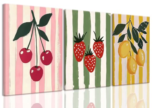 LHHJDIO 3 Piece Trendy Fruit Canvas Wall Art Vintage Kitchen Wall Art Colorful Cherry Strawberry Lemon Pictures Wall Decor Fruit Abstract Art Print for Kitchen Dining Room Bedroom 12'x16'