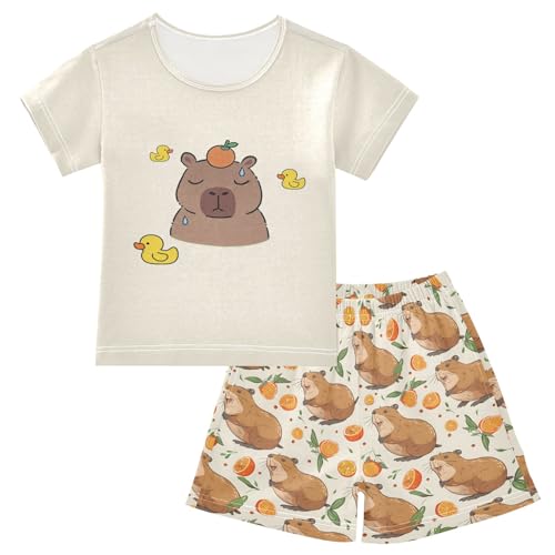 senya Swimming Capybara Orange Duck Summer Pajamas Set Short Cotton Sleepwear 2 Piece