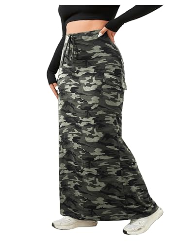 Verdusa Women's Plus Size Casual Drawstring High Waist Camo Print Bodycon Long Skirt4