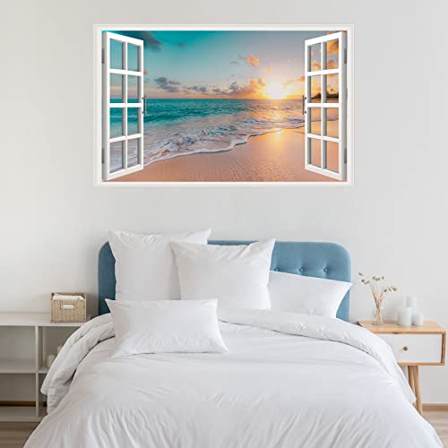 Erllsino Sea Beach Wall Sticker Sunset Seascape Fake Window Wall Stickers Tropical Sandy Beach Faux Window Wall Decal Removable Ocean Landscape Window View Wall Mural For Living Room #TOP3
