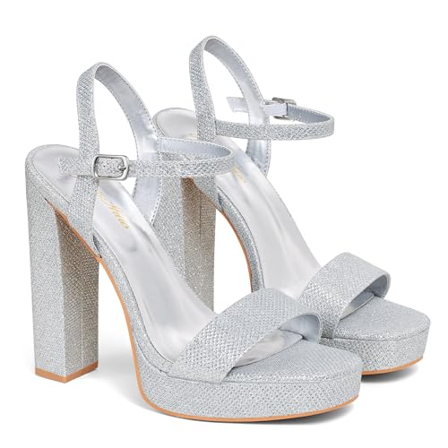GENSHUO Platform 5 inch High Heels for Women Block Chunky High Heeled Sandals Square Open Toe Ankle Strap Glitter Sexy Shoes for Wedding Party Prom Dance Gliiter Silver Size 8