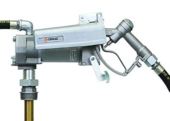 Groz 12V DC Heavy-Duty Geared Electric Fuel Transfer Pump, 15 GPM, Explosion-Proof Motor, UL/cUL Listed, with Manual Nozzle, 12 ft Hose, 15 ft Battery Cables, and 34 in Suction Tube