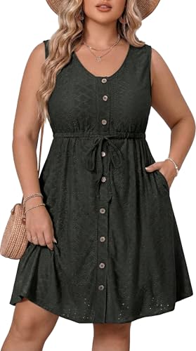 Talisea Plus Size Summer Dresses Black Casual Eyelet Sleeveless Tank