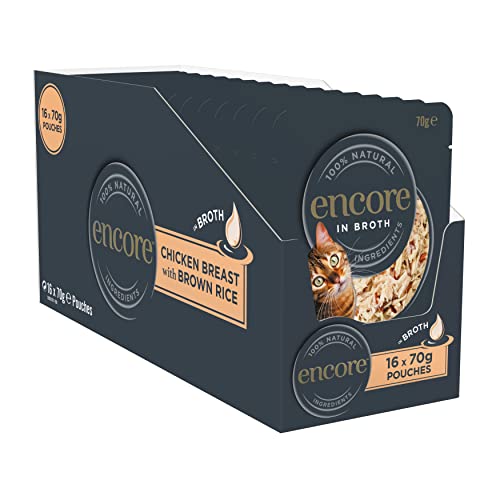 Encore 100 Percent Natural Cat Food Pouch Chicken & Brown Rice in Broth 70g (16 x 70g Pouches)
