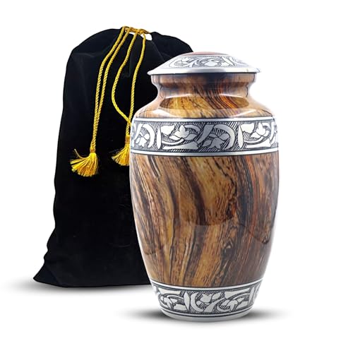 Image of Floral Silver Engraved Cremation Urn for Human Ashes Adult - Handcrafted Funeral Memorial Ashes Urn - Keepsake - Bag Included (Wood Texture) (70 Cubic Inches)