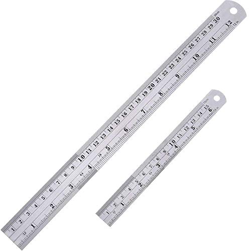 Amuoc Stainless Steel Ruler and Metal Rule Kit with Conversion Table (Silver, 12 Inch, 6 Inch)