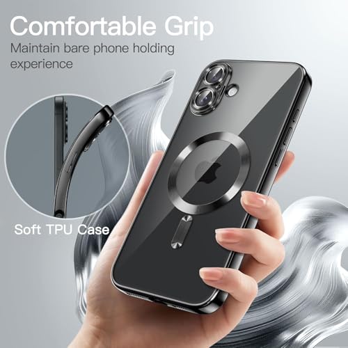 Image of VONZEE Electroplating Transparent Clear Logo Back Cover TPU Compatible with iPhone 16 Case, Compatible with Magsafe, Full Body & Individual Camera Protection for Each Lens for Men & Women (Black)