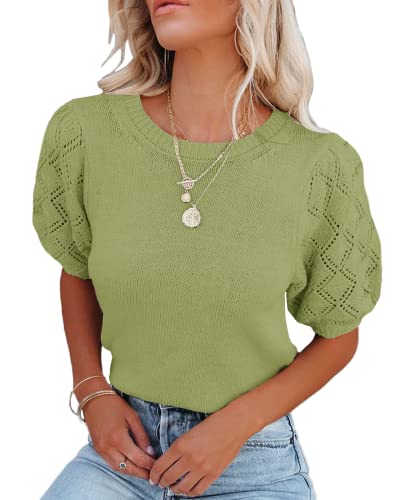 Image of Womens Short Sleeve Sweaters Crewneck Knit Pullover Tops 2025 Summer Casual Lightweight Crochet Blouse Shirt