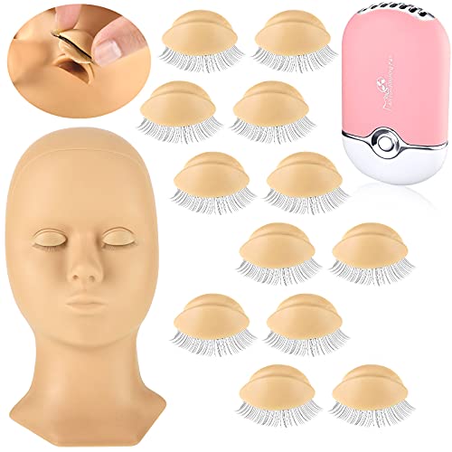 6 Pairs Replacement Eyelids with Eyelash Fan, Mannequin Training Eyelids Realistic Eyelid Eyelashes Removable Eyelashes Mini Eyelashes Portable Fan for Eyelash Extension Tools, 7 Pieces of Total