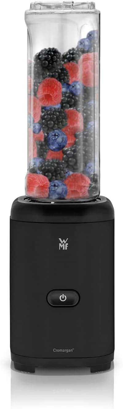 WMF Kult X Mix & Go – Smoothie Maker & Mixer to Go, kompakter Standmixer 300 W mit 0,6 L Tritan-Flasche, 4 Edelstahlklingen, Sicherheitsabschaltung, Shake Mixer aus Cromargan Edelstahl, Deep Black