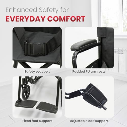 Image of AGEasy (Max Group) Foldable Wheelchair with Safety Seat Belt, Padded Armrests, Footrest & Adjustable Calf Support, 100 kg Capacity | Self-Propelled & Attendant Use | Easy to Move for Indoor & Outdoor Use | Elderly & Patient Care