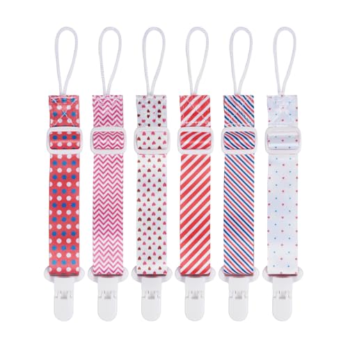 Image of Baby Pacifier Clip with Adjustable Length Buckle,Paci Leash Binky Clips for Baby Boys and Girls,Newborn Essentials,Pack of 6 Gift Set. (Spots and Stripes)