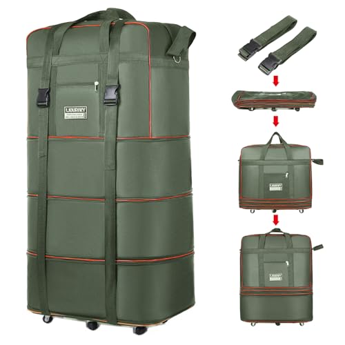 Expandable Large Capacity Travel Bag Oxford Cloth Duffel Bag with Wheels Lightweight Waterproof Travel Foldable Suitcase(ArmyGreen)