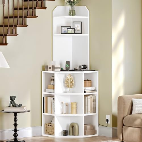 GOOBED Corner Shelf Cabinet, Modern Corner Storage Rack with Charging Station, Wooden Display Bookshelf Bookcase for Living Room, Bedroom, Dining Room, Kitchen, White