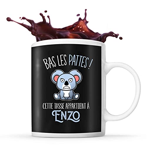 Planetee Tasse Prénom Enzo Bas les Pattes Koala | Mug Prénom pour Homme | Collection Animaux Grognon Mais Mignon