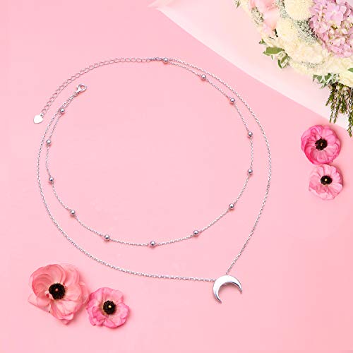 Flyow Crescent Layered Choker Necklace S925 Sterling Silver Moon Pendant Jewelry Adjustable Clavicle Necklace For Women Girls Birthday Gifts (Moon) #TOP3