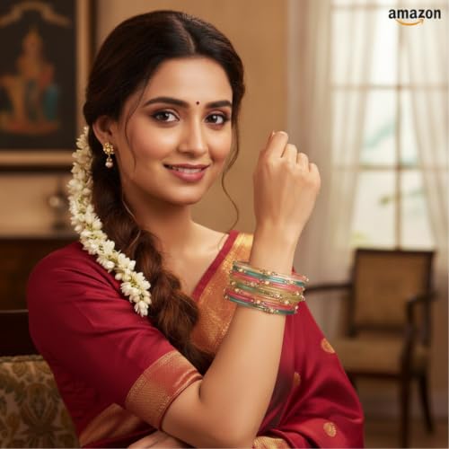 Image of SUNDRAM Women's Premium Fancy Glass Bangles for Women & Girls |with Zircon Gemstone Work & Charm| Traditional Ethnic Bangles Set of 12