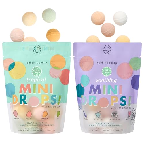 Image of Dabble & Dollop Mini Bath Bombs, Tropical + Soothing Scents Bundle - Natural Origin, Clean Ingredients, No Synthetic Dyes, Toddler & Kids Bath Bombs in Resealable Pouches (2-Pack)