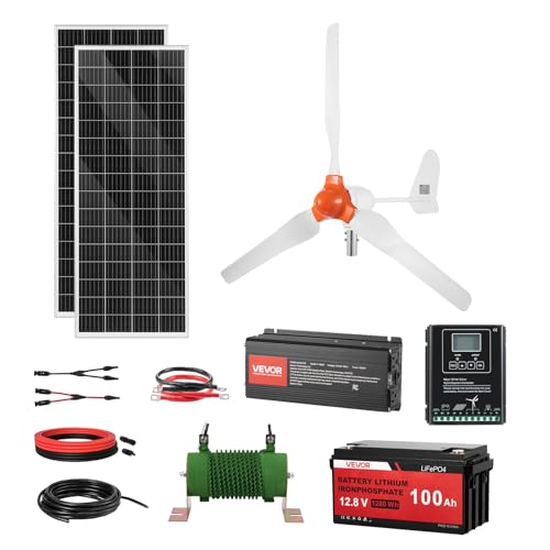 VEVOR 12V 600W Solar Wind Power Kit, 2PCS 100W Solar Panel + 400W Wind Turbine + 12.8V 100Ah LiFePO4 Battery + 1000W Power Inverter + MPPT Hybrid Controller for Home RV Boat Off-Grid Applications