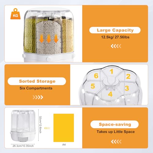 GXFCHYL 6 Grids Rotating Grain Dispensers Multi Cereal Dispenser Rice Dispensers 360° Rotating Food Dispenser Visible Round Dry Rice Container for Beans, Barley, Millet (12.5kg/ 27.56lbs)