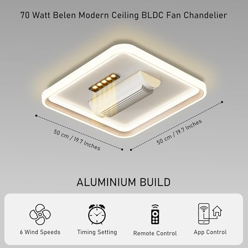 Image of Smartway Square Belen Ceiling Fan Chandelier with Light | Modern BLDC Noiseless Motor, Auto Rotatable Blower, 3 Color LED Modes, Remote & App Control for Living Room, Dining & Bedroom