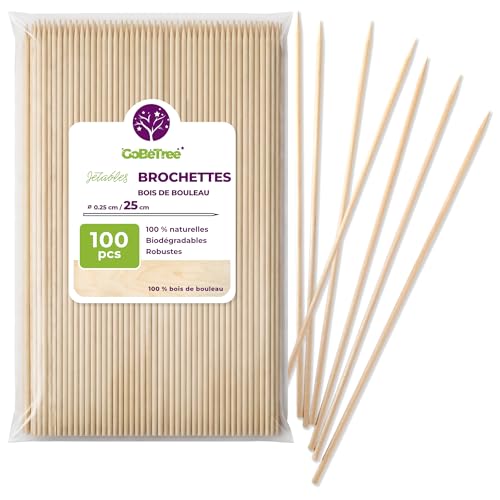 100 Piques à Brochette en Bois de Bouleau 25 cm x 2,5 mm | Bâtonnets Extra Résistants pour Barbecue, Viande et Fruits | Brochettes Écologiques Polyvalentes...