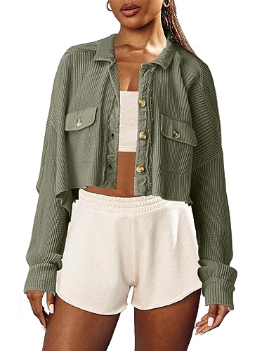 Image of Panadila Women's Cropped Waffle Knit Shacket Short Button Down Jacket Batwing Sleeve Shirts with Pocket