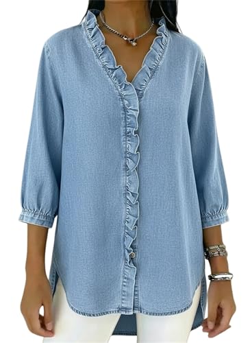 Generisch Damen-Jeansbluse mit V-Ausschnitt und Rüschen – Stylische Bluse mit V-Ausschnitt, 3/4-Ärmeln und Rüschensaum (Light Blue,XL)