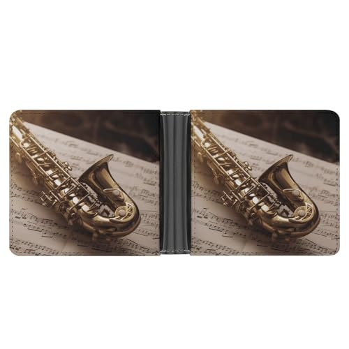 Men's Leather Wallet Bifold Wallet for Men Saxophone on Sheet Music Slim Wallet with Multiple Card Classic Passcase Mens Card Holder